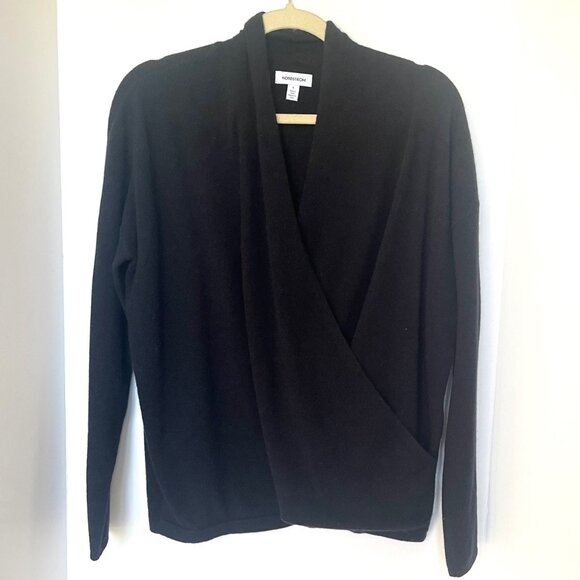 Nordstrom Signature Women’s Black Cashmere Faux Wrap V-Neck Sweater Large - Picture 2 of 10